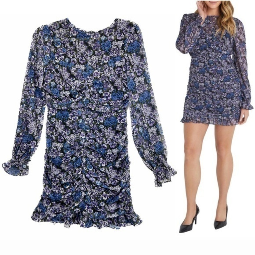 Vici Long Sleeve Floral Ruched Chiffon Ruffle High Neck Mini Dress